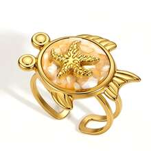 Uself 4pcs/1pc Gold Stainless Steel Open Rings For Women, Adjustable Ocean Animal Rings With Turtle, Starfish, Shell, Crab Designs, Beach Vacation Jewelry Accessories - Multicolor - View 10