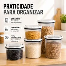 Kit 5 Potes Herméticos Plástico Transparente Tampa Branca Para Mantimentos Cozinha Jogo 5 Potes Para Mantimentos Herméticos Transparente Despensa Organizada Cozinha Casa Kit Potes Plásticos Empilháveis Com Tampa Hermética Para Grãos Cereais E Farinhas Casa - Visão 9