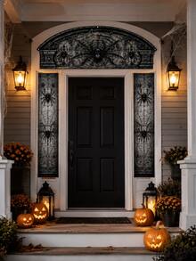 3Pcs Spider Web & Black Spider Halloween Door Frame Banner Set, Gothic Polyester Printed Arch Top Banner And 2 Side Panels With Grey Cobweb Patterns For Front Door, Porch, Entryway, Haunted House, Indoor Outdoor Party Decorations - E - View 4