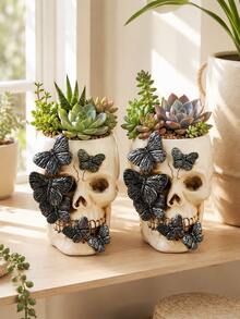 Butterfly Skull Resin Vase - Unique Gothic Style Resin Planter With Black Butterfly Decor, Suitable For Displaying Fresh/Dried Tulips, Daisies, Etc. Can Be Placed On Vanity, Bookshelf, Or Gothic-Style Corner To Add Bohemian Personalized, A Fashionable Decor Item For Floral Enthusiasts. - Multicolor - View 5