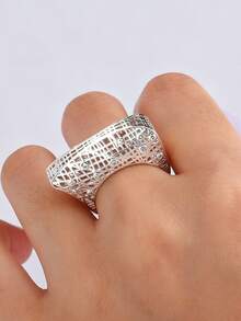 1pc Creative Hollow Circle Square Geometric Mesh Couple Ring For Women And Men, Suitable For Party, Gathering, Halloween, Perfect Gift Jewelry - White - View 5