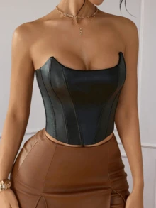 ApperlothPOP Women's Retro Black Corset Square Neck PU Leather Boning Metal Eyelet Backless Fitted Tube Top,Suitable Concerts,Dates,Daily Outings - Black - View 7