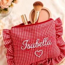 1pc Customized Pleated Ruffle Plaid Name Makeup Bag, Embroidered Letter Decor, Zipper Closure Portable Storage Bag, Sweet Coquette Style Bridal Makeup Organizer, Bridesmaid Gift, Wedding Party Favor, Suitable For Daily Use, Travel, Customized Birthday Gift, Christmas Gift, Surprise Fashion Gift - Multicolor - View 5