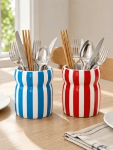 1 buah Tempat Penyimpanan Peralatan Makan Garis Vertikal Warna-warni, Organizer Serbaguna untuk Meja Dapur untuk Peralatan Makan, Sumpit, dan Peralatan Masak, Hadiah Pindah Rumah - MultiWarna - View 3