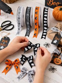 1 Roll 1" X 10 Yards Halloween Printed Ribbon, Orange Black Spider & Black White Spider Web Ribbon, Suitable For Halloween Gift Wrapping, Halloween Gift Ties, Theme Party DIY Decoration, Handmade DIY Accessories - Multicolor - View 1