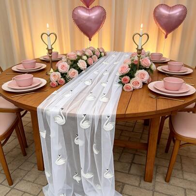 1pc White Swan Embroidered Mesh Table Runner, Birthday Party Tabletop Decor, Outdoor Lawn Wedding Table Decoration, Garden Tea Party Table Centerpiece, Perfect For Wedding, Engagement Ceremony, Proposal, Thanksgiving, Christmas, Halloween, New Year, Bridal Shower