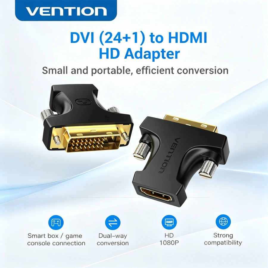 VENTION HDMI 母頭轉 DVI 公頭雙向 DVI-D 24+1 轉接器,適用於顯示器、投影機、桌上型電腦、筆記型電腦、電視及其他電子設備 - 黑色 - 查看 1