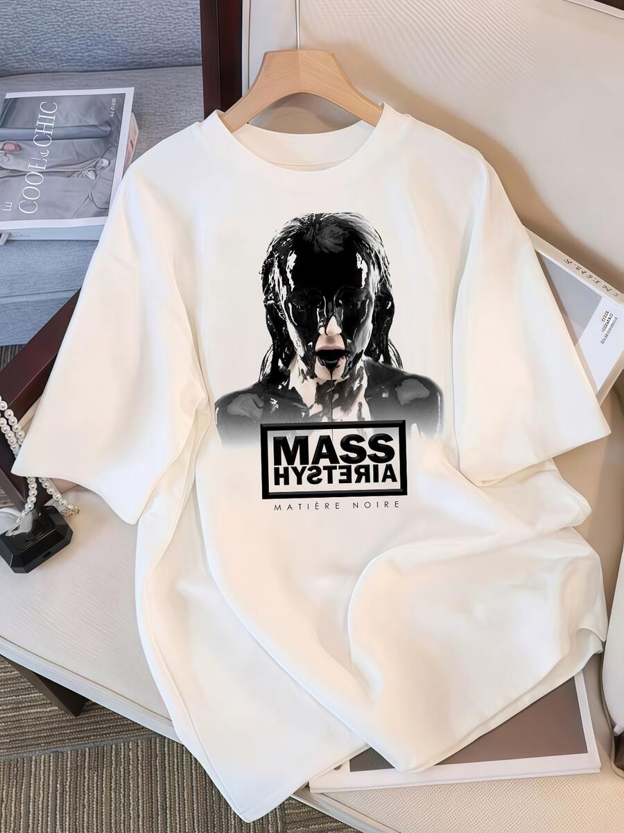 Unisex Vintage T-Shirt With 90s French Rock Band Graphic, Retro Style, Grunge Rock, "Mass Hysteria Black Liquid Portrait Metal Band" Design... - White - View 1