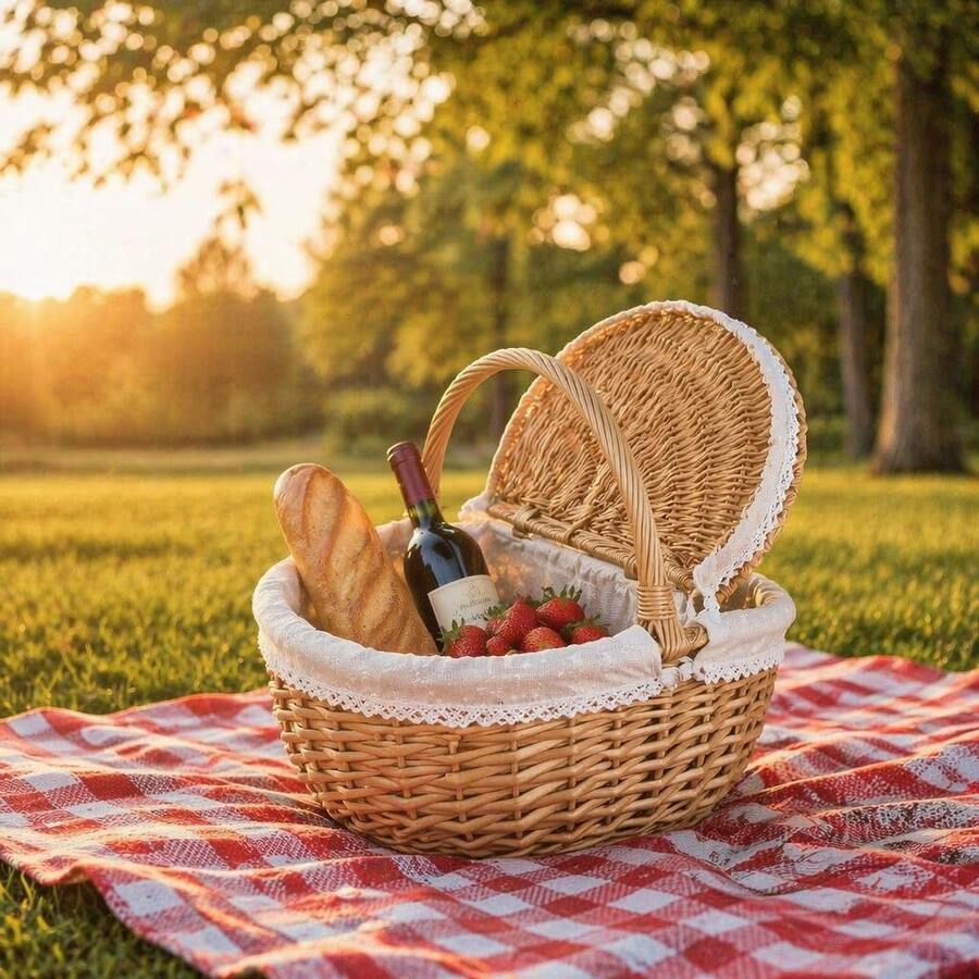 1‑Piece Standard Size Handmade Natural Wicker Picnic Basket, Rustic Country Style Woven Gift Basket With Lid & Portable Handles, Breathable Hand‑Woven Rectangular Storage Hamper For Outdoor Picnic, Party, Barbecue & Holiday Gifting - A - View 1