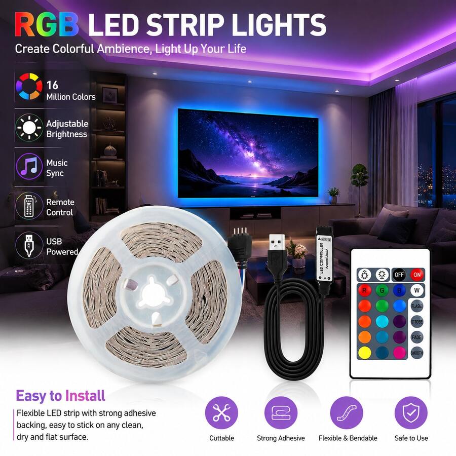 Lampu Strip LED RGB Kamar Tidur, 1-30m Lampu LED Dalam Ruangan. Dilengkapi dengan Remote Control 24 Tombol, Warna Dapat Diatur. Ditenagai USB, Pemasangan Mudah. Sempurna untuk Kamar Tidur, Ruang Tamu, Halloween, Pesta, Hadiah Liburan, dan Dekorasi Pernikahan. - MultiWarna - View 1