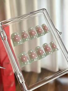 10pcs Pure Handmade Press On Nails, Fresh Sweet Girly Style, Mint Green Pink Gradient Base, White Polka Dot Patterns For Women And Girls, Spring Summer Fall Winter Festivals Party And Daily Life Use - Green - View 2