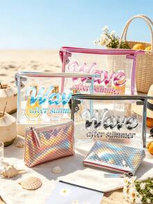 2pcs Laser Fish Scale Pattern Makeup Bag Set, Women's Transparent PVC Waterproof Dry & Wet Separation Travel Toiletry Bag, 3D Wave Print Portable Toiletry Bag, Suitable For Summer Beach, Pool, Camping And Daily Cosmetics Storage - Multicolor - View 5