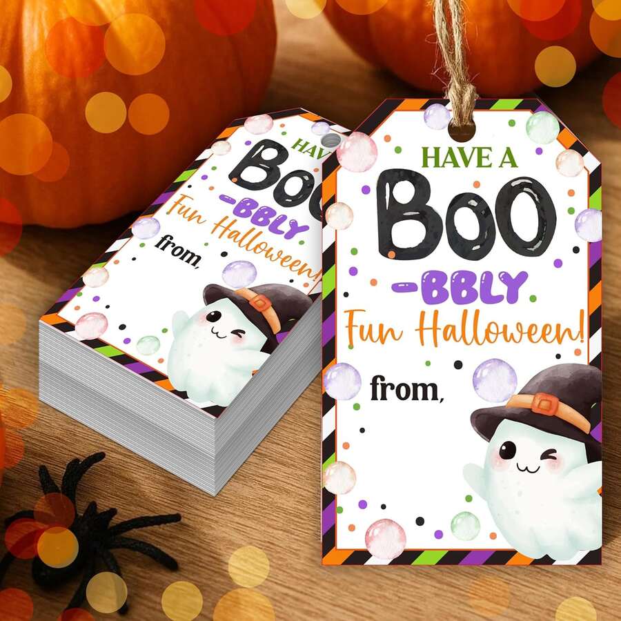 24/48入萬聖節吊牌附繩,3.96x1.54英吋幽靈紙製禮物吊牌,Boo Trick Or Treat 糖果吊牌,萬聖節禮品包裝吊牌,派對小禮品 - A - 查看 1
