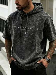 Men's Casual American Vintage Letter Print Washed Hooded Short Sleeve T-Shirt | Daily Wear | Casual Commute - Black - View 2