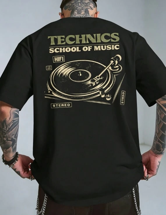 Men's Retro 80s Music Graphic T-Shirt - Vintage DJ Turntable & Vinyl Record Design With Technics School Of Music Lettering - Breathable Polyester Blen - 黑色1 - 查看 1