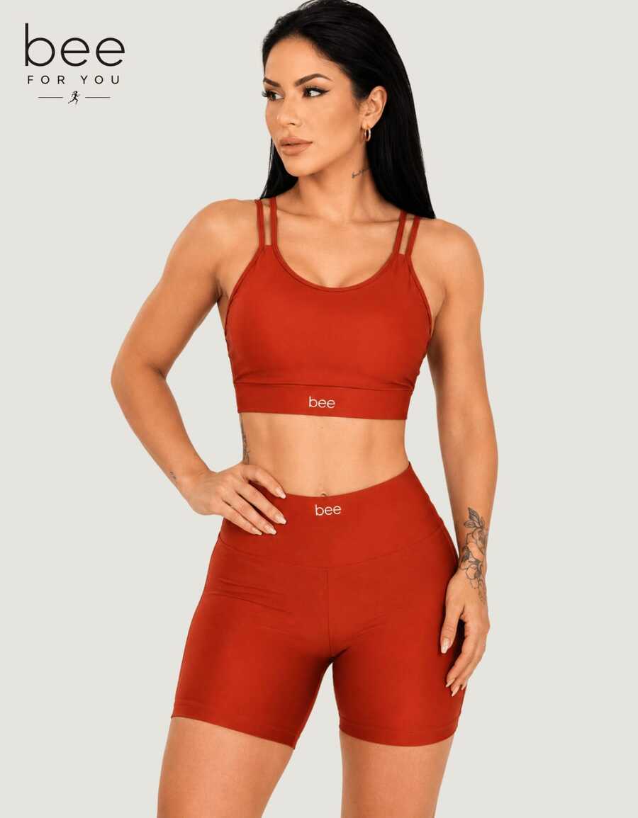 Bee Fitness Set, Workout Top With Padded Cups, High Waist, Gym, Zero Transparency - Terracotta - View 1