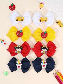 8pcs/2pcs Back To School PVC Ribbon Bow Hair Clips, Apple Book Pencil Black & White Decorative Hair Clips, Colorful Stationery Print Personalized Hair Clips, Suitable For Girls Back To School Gift - Multicolor - View 1
