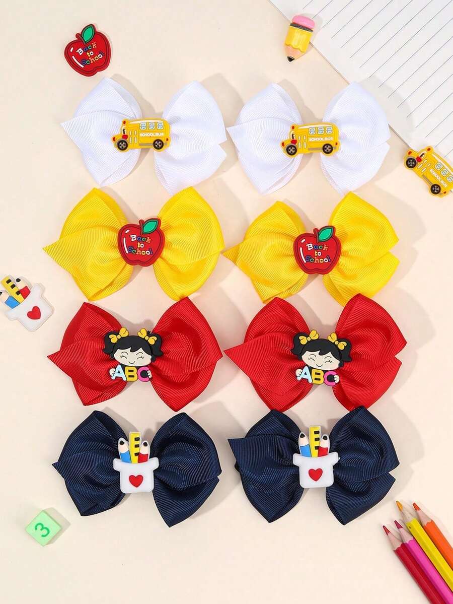 8pcs/2pcs Back To School PVC Ribbon Bow Hair Clips, Apple Book Pencil Black & White Decorative Hair Clips, Colorful Stationery Print Personalized Hair Clips, Suitable For Girls Back To School Gift - Multicolor - View 1