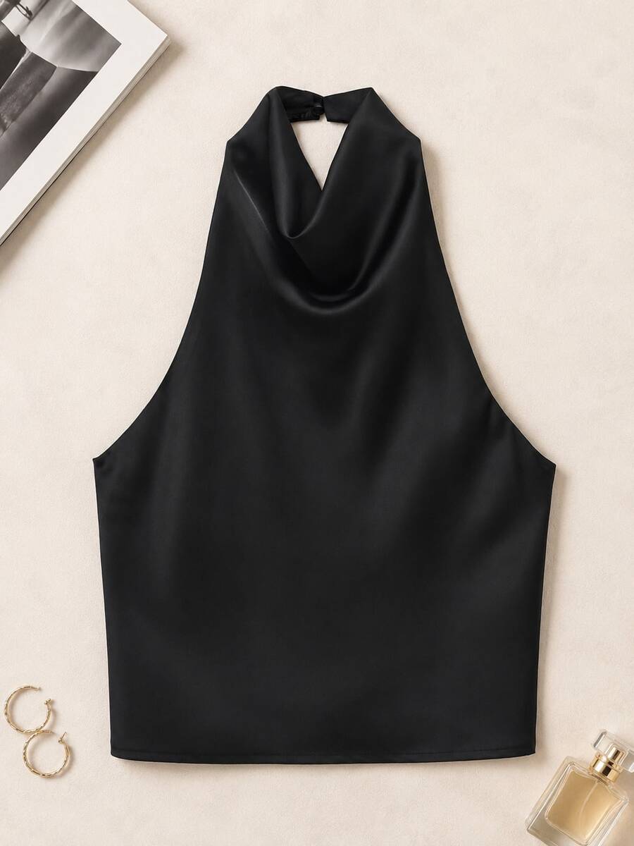Top de satén de unicolor con cuello halter y espalda descubierta para primavera/verano - Negro - Ver 1