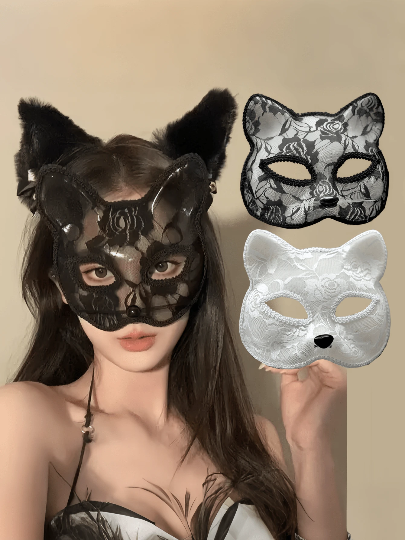 Halloween Role Play Fox Mask, Carnival Lace Half Face Cat Masquerade Mask, Halloween Party Photo Prop