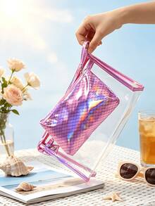 2pcs Laser Fish Scale Pattern Makeup Bag Set, Women's Transparent PVC Waterproof Dry & Wet Separation Travel Toiletry Bag, 3D Wave Print Portable Toiletry Bag, Suitable For Summer Beach, Pool, Camping And Daily Cosmetics Storage - Multicolor - View 10