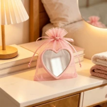 12pcs Heart-Shaped Mirrors With Pink Storage Bags, Suitable For Travel, Wedding Gifts & Korean Skincare Routine - Pink Ribbon Compact Lightweight Portable Mirror Collection With Polished, Decorative Suitable For Decor, Gifts For - A - View 6