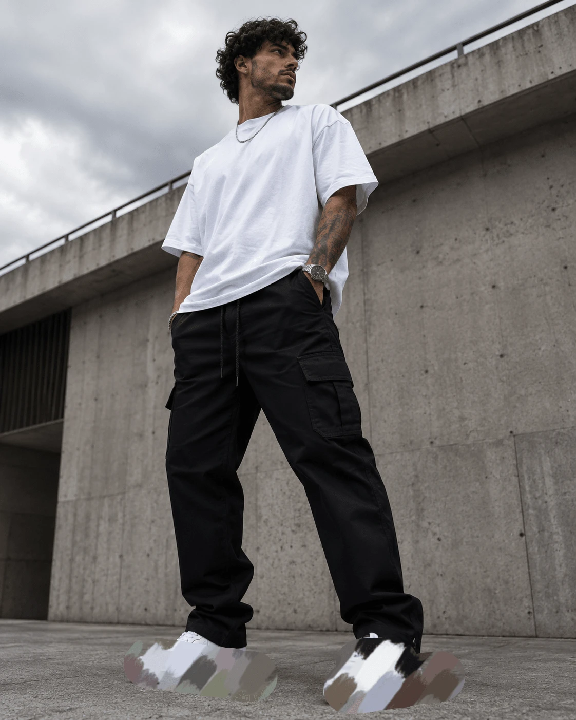 MEN'S CARGO STREET PANTS DARK KHAKI Cargo Twill With Elastics - Black - View 1