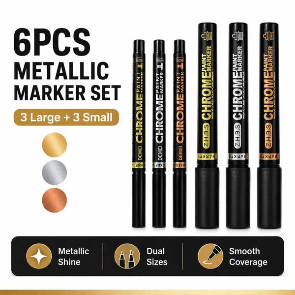 6PCS Metallic Marker Pens Set Gold Silver Copper, Dual Tip Size Effect Markers, Fine Detail & Large Coverage Drawing Pens For Model, Ceramic, Card Making, Stone Art, DIY Craft Projects