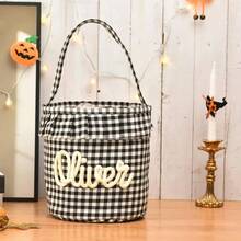 Keranjang Penyimpanan Halloween Berumbai yang Dipersonalisasi, Tas Permen Halloween Kotak-kotak dengan Nama yang Dapat Disesuaikan, Ember Permen Halloween Anak-anak, Tempat Penyimpanan Hadiah Halloween - MultiWarna - View 18