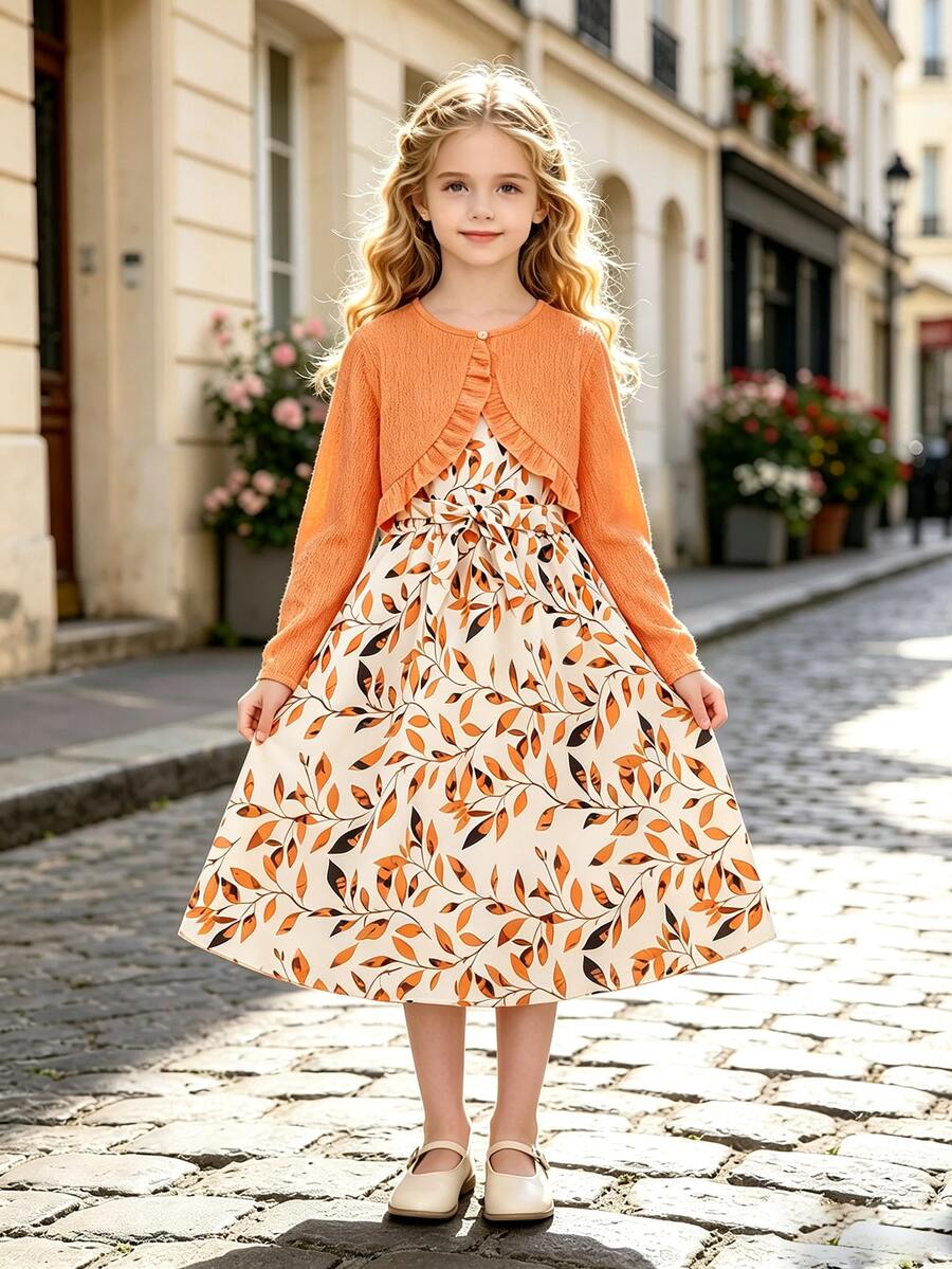Conjunto de 2 piezas de niña preadolescente con vestido sin mangas y cárdigan de manga larga con estampado floral, para primavera/otoño - Naranja - Ver 1