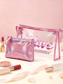 2pcs Laser Fish Scale Pattern Makeup Bag Set, Women's Transparent PVC Waterproof Dry & Wet Separation Travel Toiletry Bag, 3D Wave Print Portable Toiletry Bag, Suitable For Summer Beach, Pool, Camping And Daily Cosmetics Storage - Multicolor - View 7