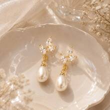 TUANZISP 1 Pair Women's Gold Pendant Earrings, Leaf Flower Pearl Gold Earrings, Cute Ball Bridal Earrings, Wedding Jewelry Gift - Gold - View 8