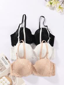 3pcs Women's Fashion Floral Lace Underwire Bras, Push-Up Thick Padded Side Support, Comfortable T-Shirt Bra, Adjustable Spaghetti Strap, Suitable For Daily Autumn Wear - Multicolor - View 5