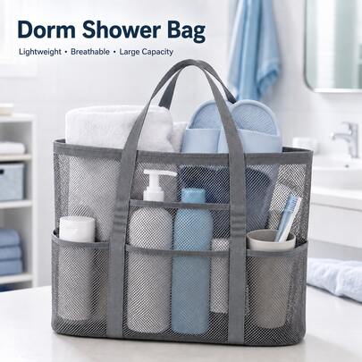 Grey Nylon Mesh Beach Bag, Large Capacity Beach Tote Bag With Clear Waterproof Zipper Pocket, Foldable Lightweight Shower & Travel Laundry Organizer For Dorm, Pool, Gym, Beach, Vacation & Back To School