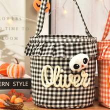 Keranjang Penyimpanan Halloween Berumbai yang Dipersonalisasi, Tas Permen Halloween Kotak-kotak dengan Nama yang Dapat Disesuaikan, Ember Permen Halloween Anak-anak, Tempat Penyimpanan Hadiah Halloween - MultiWarna - View 12