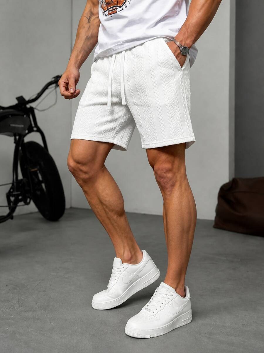 Herren leichte atmungsaktive strukturierte Strickshorts, Premium-Stoff mit Kordelzug-Bund, lässige Sommer-Shorts - Weiss - Übersicht 1