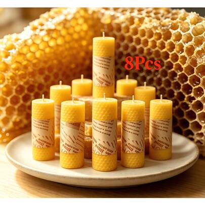 8 Pack Handmade Honeycomb Beeswax Pillar Candles, Smoke & Drip Free Small Pillar Candles, Multi-Size Decor Candles For Party, Meditation & Holiday Present
