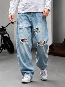 Men's Light Wash Distressed Loose Straight Leg Jeans - Light Wash - View 1