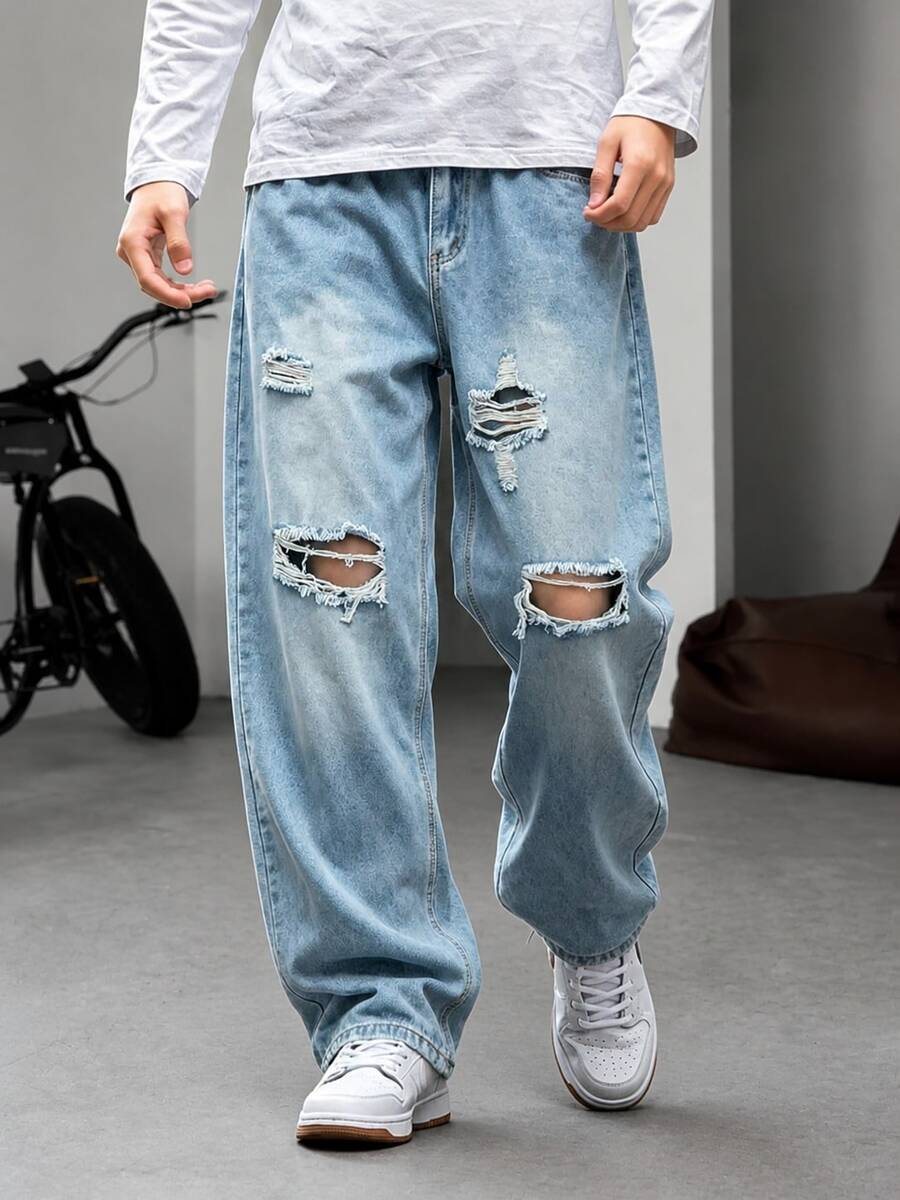 Men's Light Wash Distressed Loose Straight Leg Jeans - Light Wash - View 1