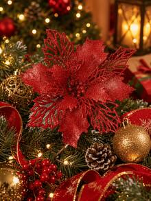 16pcs Artificial Glitter Christmas Flower Decor, Artificial Christmas Flower Decorations, Artificial Christmas Tree Decor, DIY Christmas Wreath, Christmas Party, Christmas Tree Decorations, Suitable For Wreath Decoration, Wedding, Party Decor - Red Hollow Flower - View 5