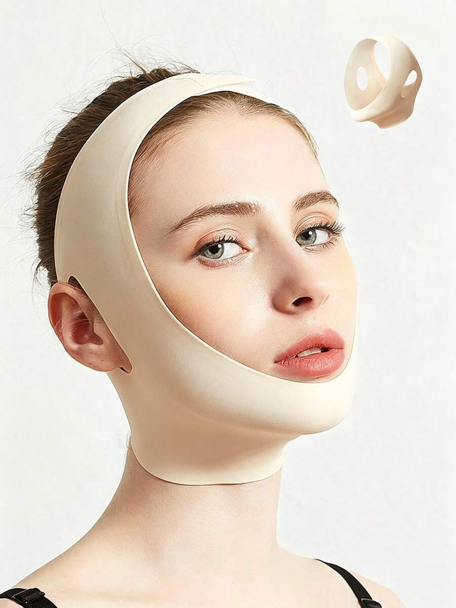 1pc Women's V-Shaped Face Mask Band - Facial Bandage, Suitable For Home/Sleep/Sports/Yoga And More Occasions. - Beige - View 1
