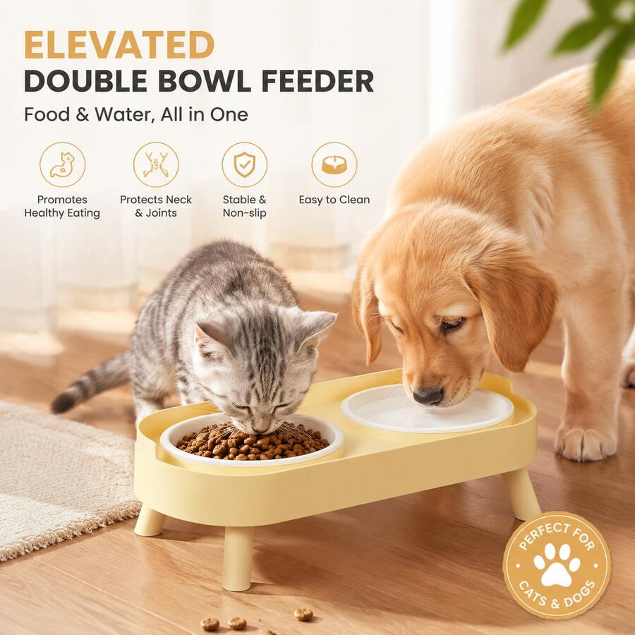 Elevated Double Bowl Feeder, Cat/Dog Bowls For Food And Water, Featuring A Water And Feeding Integration Design, Dog Food Water Bowls For Medium Small Dogs And Cats, Non-Slip Pet Dish Station, Easy To Clean, Christmas Gift For Dogs