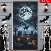 2D Flat Halloween Cemetery Moonlit Night Door Curtain, Dark Style Cemetery Scene With Skeleton Knight, Glowing Pumpkin Lantern And Full Moon Elements, Durable Polyester, No Power Required, Suitable For Halloween Party Decoration, Can Be Used For Indoor/Outdoor Wall, Door/Window Decoration, Haunted House, Home, Studio, Outdoor Scenes, Holiday Atmosphere Setup, Polyester Material, No Power Required - 1PC - View 3