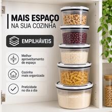 Kit 5 Potes Herméticos Plástico Transparente Tampa Branca Para Mantimentos Cozinha Jogo 5 Potes Para Mantimentos Herméticos Transparente Despensa Organizada Cozinha Casa Kit Potes Plásticos Empilháveis Com Tampa Hermética Para Grãos Cereais E Farinhas Casa - Visão 1
