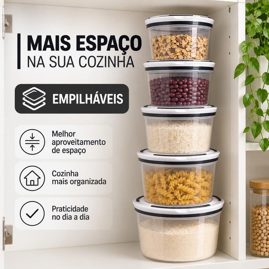 Kit 5 Potes Herméticos Plástico Transparente Tampa Branca Para Mantimentos Cozinha Jogo 5 Potes Para Mantimentos Herméticos Transparente Despensa Organizada Cozinha Casa Kit Potes Plásticos Empilháveis Com Tampa Hermética Para Grãos Cereais E Farinhas Casa - Visão 1