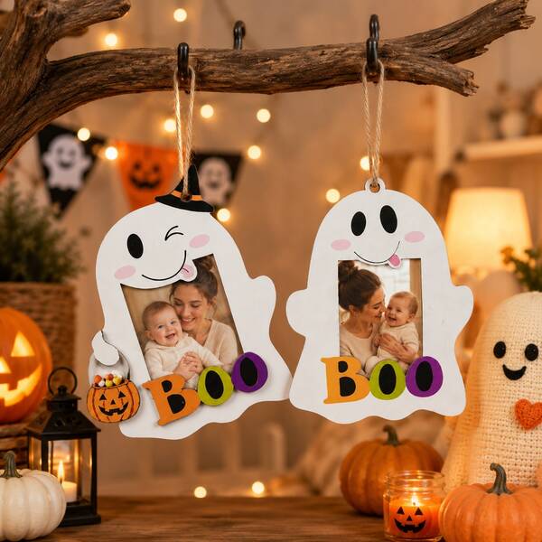 Hangende fotolijst in de vorm van een Halloween-spook, creatief fotodisplaybord met de letters BOO, herdenkingsornament voor de groei van ouder en kind, geschikt voor thuisfeest, open haard, deurwand en vakantiescène decoratie