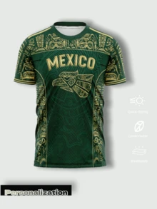 客製化墨西哥鷹足球球衣，復古全印花深綠色短袖，大號 MEXICO 字樣印花，2026 足球賽事運動夏季款 - 墨綠色 - 查看 2