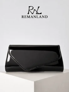 REMANLAND Women's Glossy Envelope Clutch Bag, Elegant Evening Handbag With Detachable Chain Strap For Wedding, Party, Prom & Formal Events, Sophisticated Style - Black - View 1
