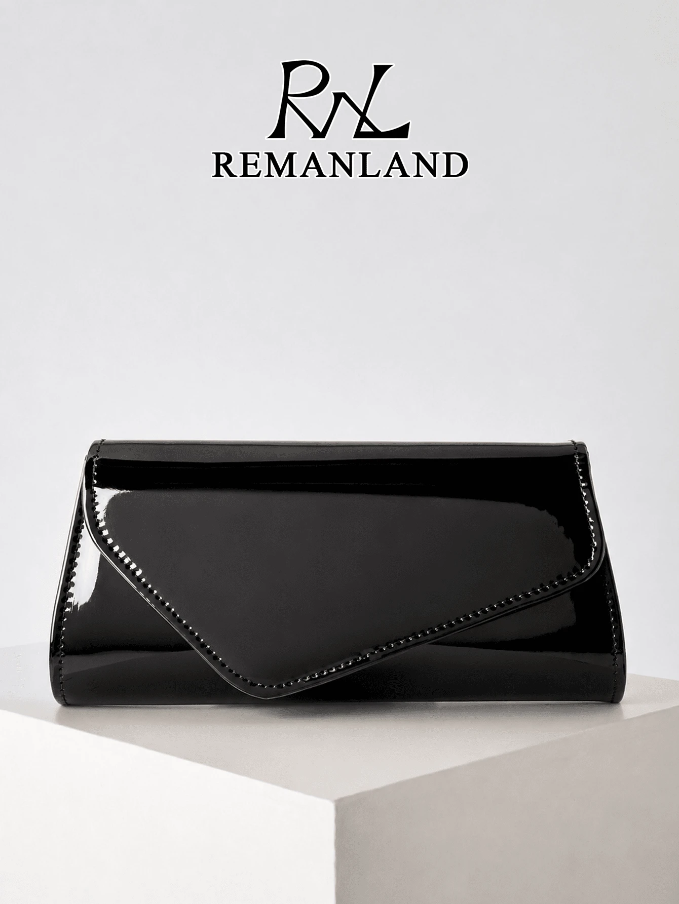 REMANLAND Women's Glossy Envelope Clutch Bag, Elegant Evening Handbag With Detachable Chain Strap For Wedding, Party, Prom & Formal Events, Sophisticated Style - Black - View 1