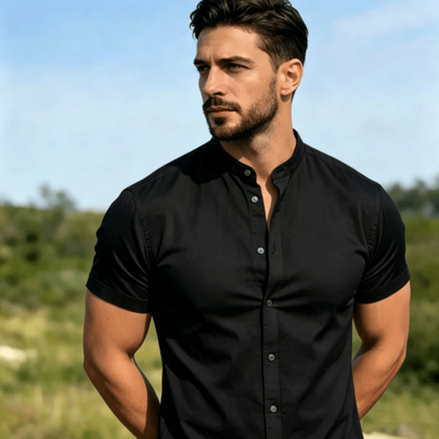 Camisa Social Masculina Gola Padre de Luxo Com Manga Curta Slim Fit Linho e Viscose Tecido Premium